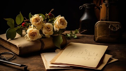 Naklejka na ściany i meble vintage, yellowed sheets of paper adorned with a beautiful bouquet of flowers. The perfect setup for a heartfelt love letter or a sentimental greeting card.