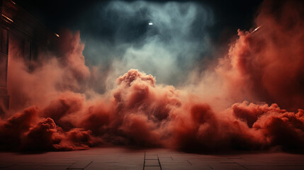 Fototapeta premium Dark pink grunge smoke background with wooden surface