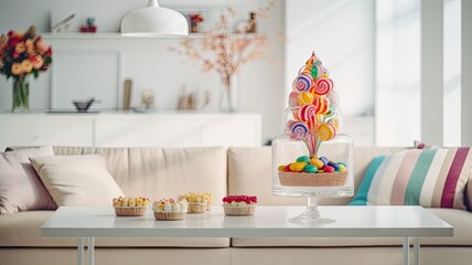 A beautifully decorated birthday cake with colorful candles and an assortment of sweets elegantly arranged on a white table in a modern, minimalist living room. The cake radiates joy and celebration.