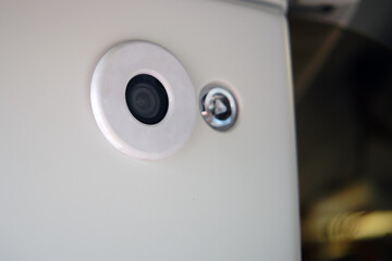 Close-up of the door camera of a bus, view from inside