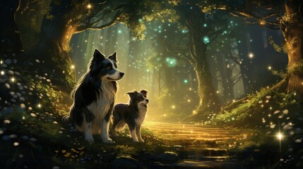 an enchanting forest glade where a Border Collie and a German Shepherd playfully chase fireflies in the ethereal glow of twilight - obrazy, fototapety, plakaty