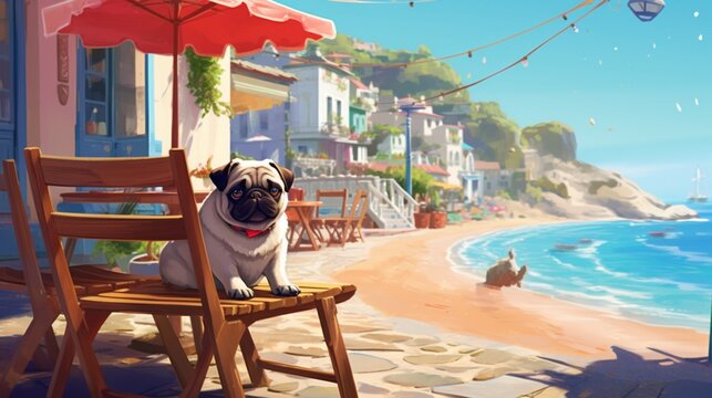 an image of a charming seaside cafe with a Pug sitting on a bistro chair, its cute wrinkled face capturing the hearts of passersby