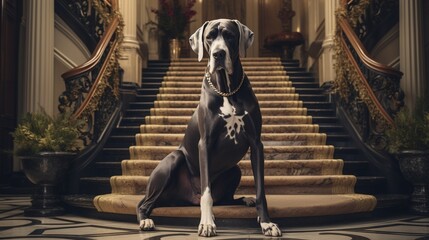 an image of a dignified Great Dane sitting regally on a marble staircase in an opulent mansion, its presence commanding attention