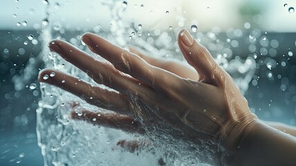 A close-up shot of a person's hands lathering up with soap under a stream of water in a sleek, modern bathroom, emphasizing the importance of proper hand hygiene. - obrazy, fototapety, plakaty