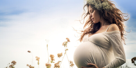 Radiant pregnant woman caressing belly while standing alone in blooming meadow. - obrazy, fototapety, plakaty