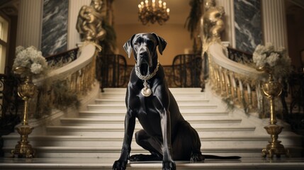 an image of a dignified Great Dane sitting regally on a marble staircase in an opulent mansion, its presence commanding attention