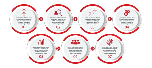 Business Infographic Design Template. minimal Timeline design with 7 marketing steps, options and icons. Vector linear infographic with seven circle connected elements. Can be used for your presentati