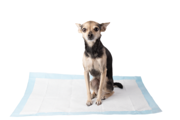 dog pad isolated, cute toy terrier sitting on pet disposable urine diaper
