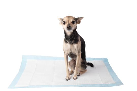 dog pad isolated, cute toy terrier sitting on pet disposable urine diaper