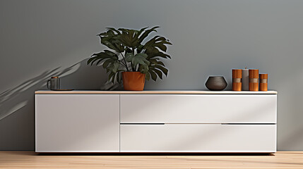 white sideboard in a living room against grey colored wall