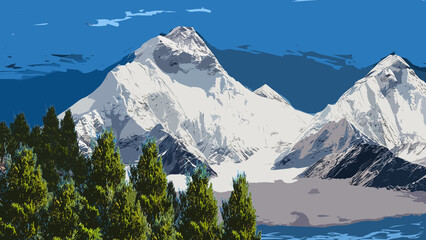 グラフィカルな北ヨーロッパの雪山のイラスト - obrazy, fototapety, plakaty