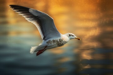 A stunning gull soaring alone against a see-through backdrop. Generative AI