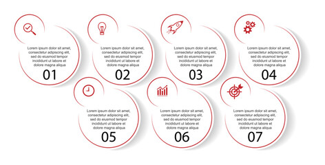 Business Infographic Design Template. minimal Timeline design with 7 marketing steps, options and icons. Vector linear infographic with seven circle connected elements. Can be used for your presentati