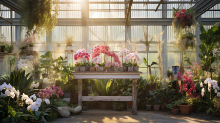 A greenhouse with rows of orchids, a potting bench, and a ceiling fan