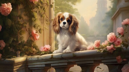 an image of a Victorian-era garden, where a Cavalier King Charles Spaniel enjoys the scent of blooming roses, embodying timeless charm - obrazy, fototapety, plakaty