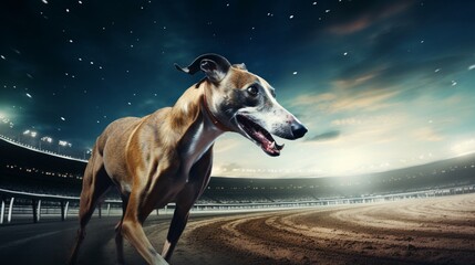 a sleek Greyhound racing gracefully along a moonlit, empty racetrack under a star-studded sky - obrazy, fototapety, plakaty