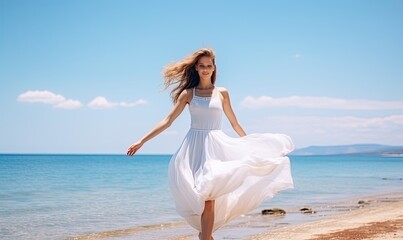 Fototapeta na wymiar Photo of a woman in a white dress walking on the beach