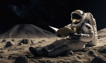 Photo of an astronaut enjoying a peaceful moment on the moon with a book in hand