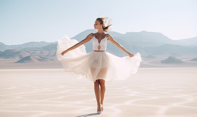 Fototapeta na wymiar Photo of a woman in a beautiful white dress enjoying the serenity of the beach