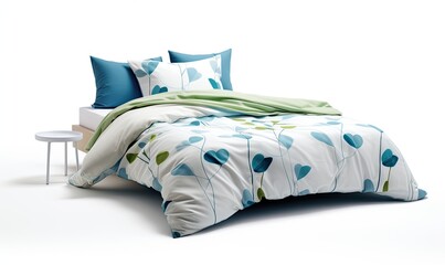 Photo of a beautifully decorated bed with vibrant blue and green floral patterns
