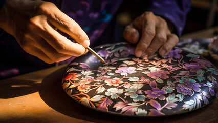 A craftsman making mother-of-pearl lacquerware - obrazy, fototapety, plakaty