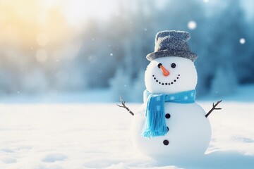 Cute snowman in a hat and knitted scarf. Winter background with copy space. - obrazy, fototapety, plakaty