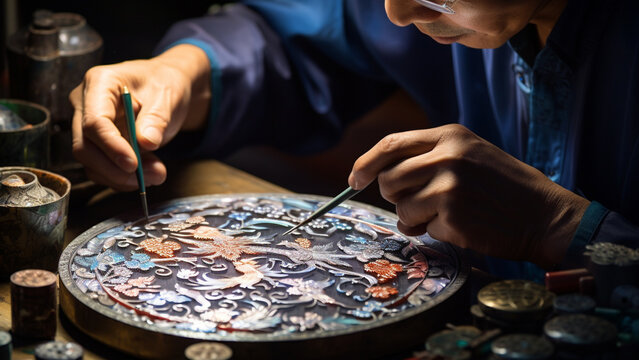 A craftsman making mother-of-pearl lacquerware