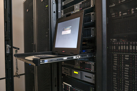 The terminal keyboard in the server room allows for easy access to critical data and information - Moscow, Russia, March 30, 2019