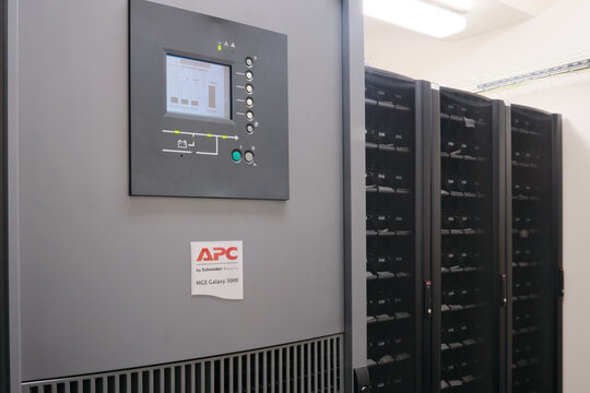 In the server room, the UPS APC battery is connected to an emergency power supply system - Moscow, Russia, 03, 05, 2019