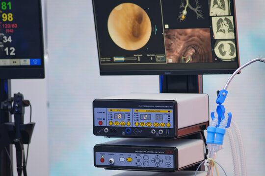 Medical equipment in the operating room for electrosurgical and endoscopic procedures. Intravenous infusion machine - Moscow, Russia, August 30, 2023
