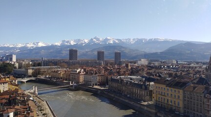 Grenoble cable car and La bastille. Bastille cable car and view of Grenoble in France. © Hocineharoun