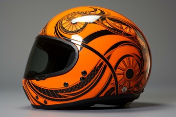helmet with orange design. Generative AI - obrazy, fototapety, plakaty