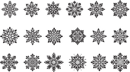Snowflake silhouettes. Set of black snowflake silhouettes. Snowflake brush isolated. Complex cartoon snowflake silhouette isolated. Winter time vector