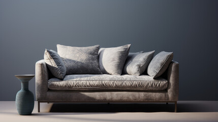 A grey sofa with a patterned cushion and two armrests