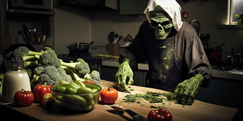 Chilling individual with zombie mask chopping eerie vegetables for a Halloween stew in a desaturated interior.