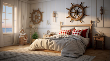 A guest bedroom with a nautical theme, striped bedding, and a ship wheel decor