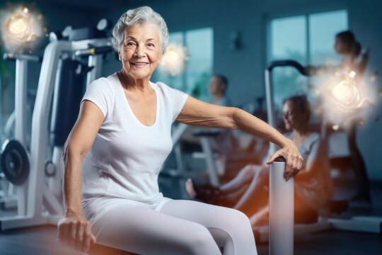 Happy beautiful granny in the gym