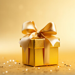 Golden ribbon gift box on yellow background 