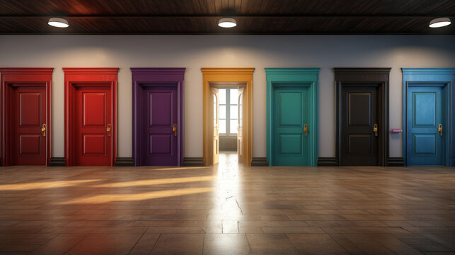 A hallway with several doors each door with a different color