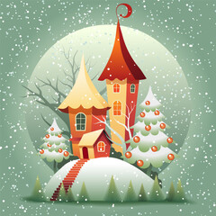Christmas fairy houses cartoon style with falling snow vector illustration