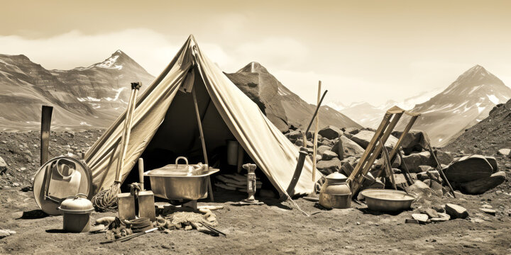 Desolate monochrome display of weathered tent and mining tools against grim mountain landscape.