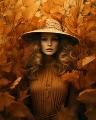 A whimsical woman wearing a festive hat stands surrounded by the vibrant colors of autumn, a vivid reminder of the changing season