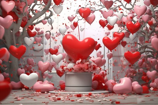 Happy 3D graphic depicts Valentine's Day celebration adorned with heart balloons and confetti. Generative AI