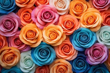 Unusual gradient background with multicolored roses. Generative AI