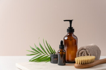 Facial serum, jar of cream, gel or lotion for skin care on light background. Beauty natural organic products concept