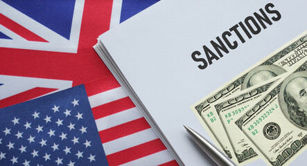 Sanctions of USA and Great Britain against russia. Flag of the United States and Great Britain.