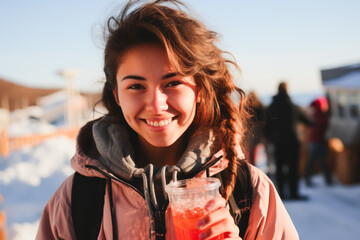 Charming Inuit teenager enjoying a beverage at a snowy community celebration in Northern America.