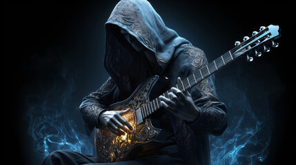 A hooded man with cybernetic parts playing the guitr - obrazy, fototapety, plakaty