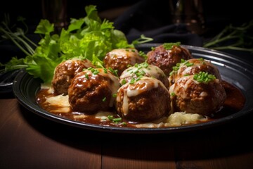 Tempting Close-Up of Succulent Danish Frikadeller, Pan-Fried Meatballs Bursting with Savory Flavors and Delighting the Taste Buds, a Delectable Delicacy from Danish Cuisine
