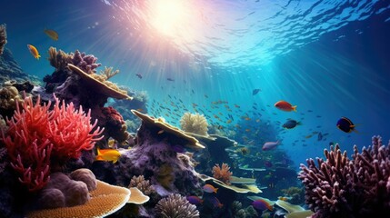 Vibrant Coral Reef Photography - Enchanting Underwater Scene with Colorful Fish, Intricate Coral Formations, and Rays of Sunlight - generative AI